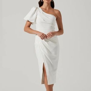 Astr the Label Dress Womens Medium White Joelle Puff Sleeve One Shoulder Midi